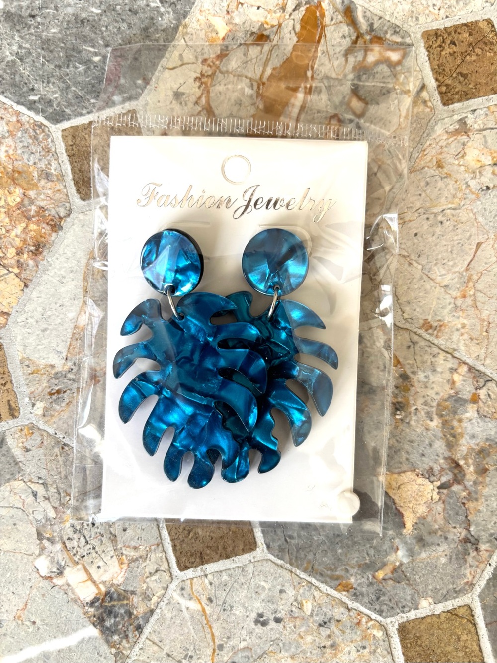 Blue Monstera Leaf Statement Earrings | Marbled Acrylic | Tropical Dangle